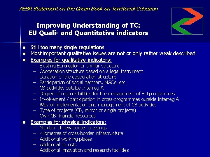 AEBR Statement on the Green Book on Territorial Cohesion Improving Understanding of TC: EU