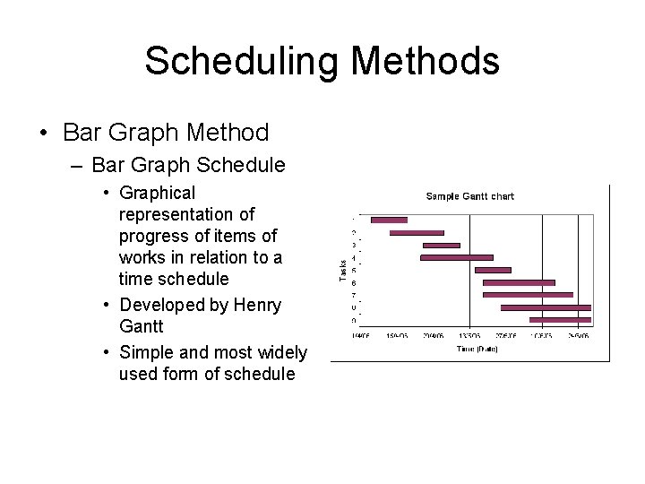 Scheduling Methods • Bar Graph Method – Bar Graph Schedule • Graphical representation of