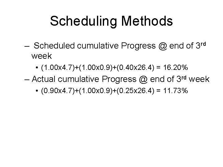 Scheduling Methods – Scheduled cumulative Progress @ end of 3 rd week • (1.