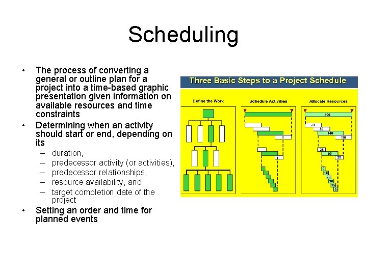 Scheduling • • The process of converting a general or outline plan for a