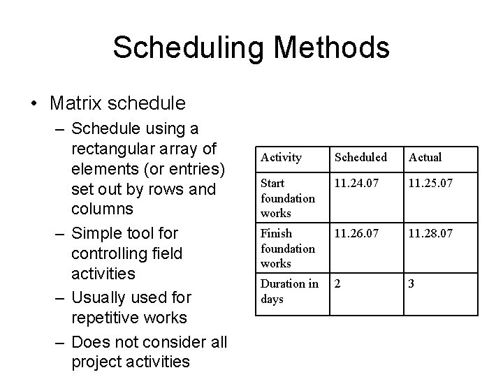 Scheduling Methods • Matrix schedule – Schedule using a rectangular array of elements (or