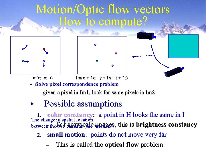 Motion/Optic flow vectors How to compute? – Solve pixel correspondence problem – given a