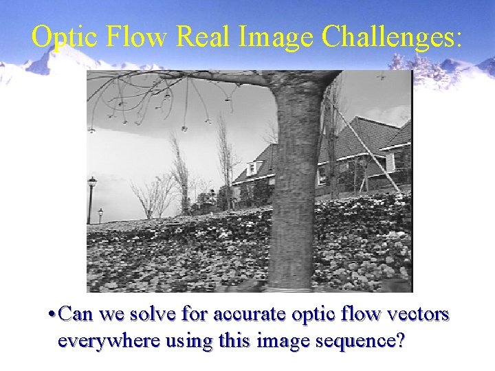 Optic Flow Real Image Challenges: • Can we solve for accurate optic flow vectors