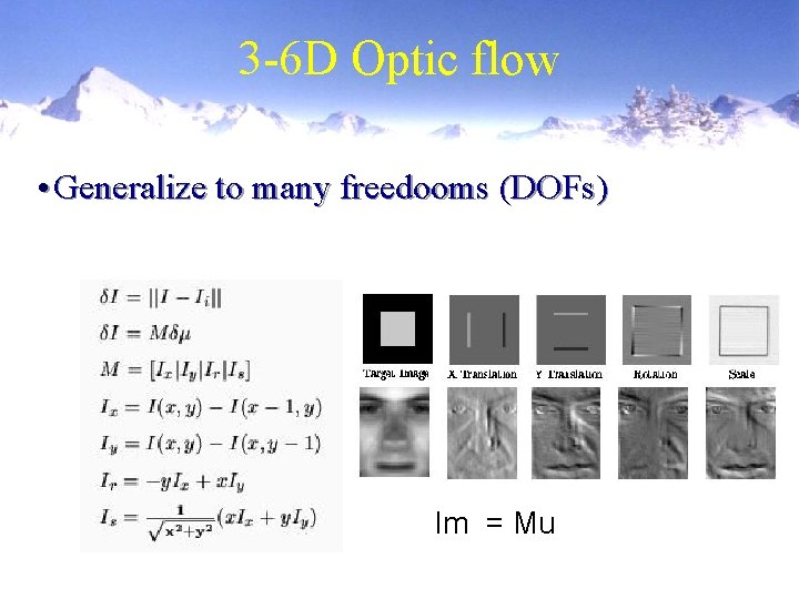 3 -6 D Optic flow • Generalize to many freedooms (DOFs) Im = Mu
