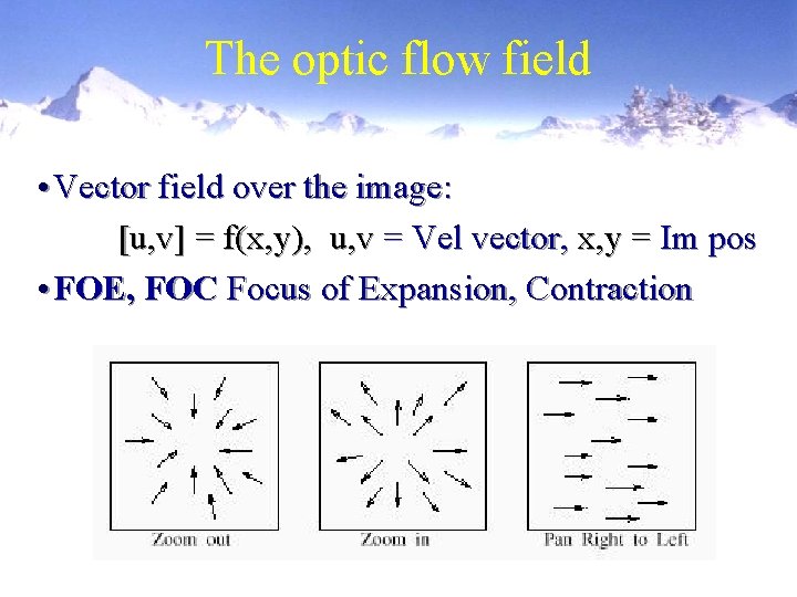 The optic flow field • Vector field over the image: [u, v] = f(x,