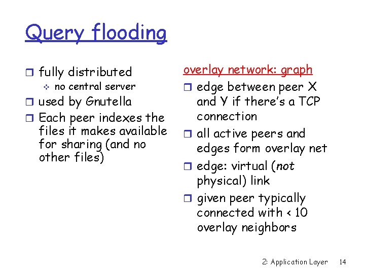 Query flooding r fully distributed v no central server r used by Gnutella r