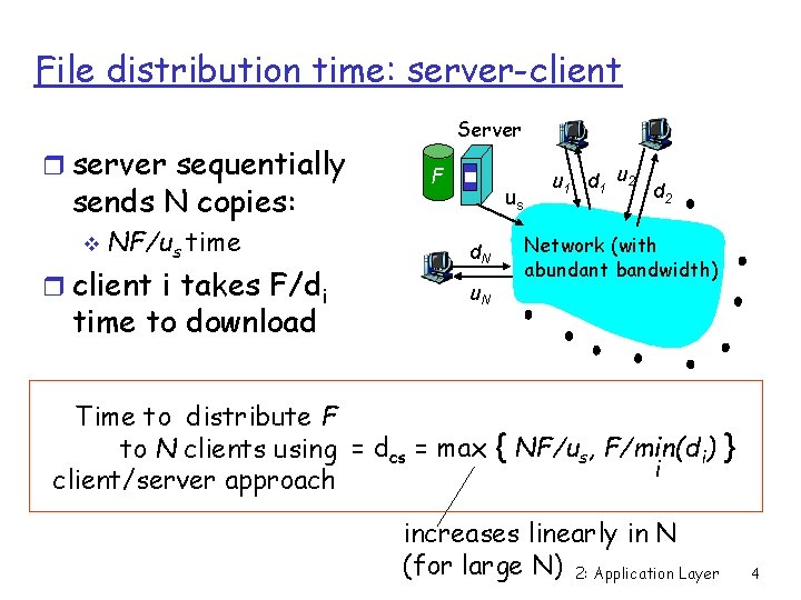 File distribution time: server-client r server sequentially sends N copies: v NF/us time r