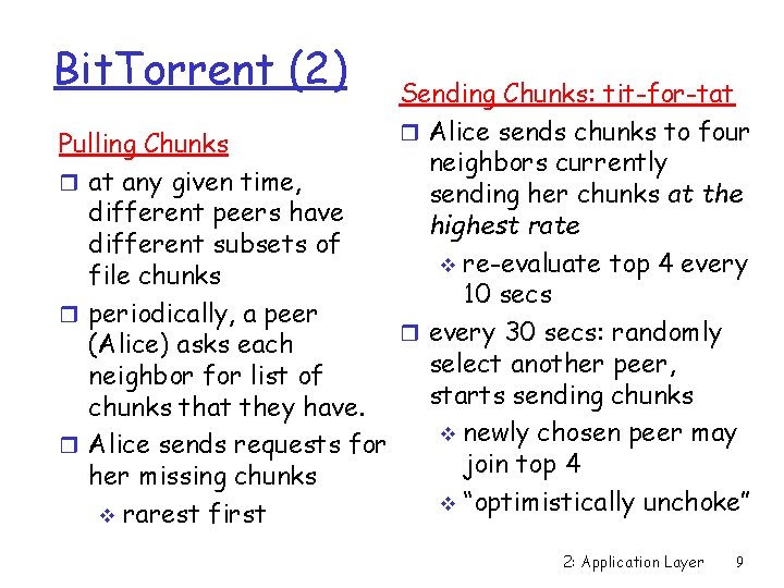 Bit. Torrent (2) Sending Chunks: tit-for-tat r Alice sends chunks to four Pulling Chunks