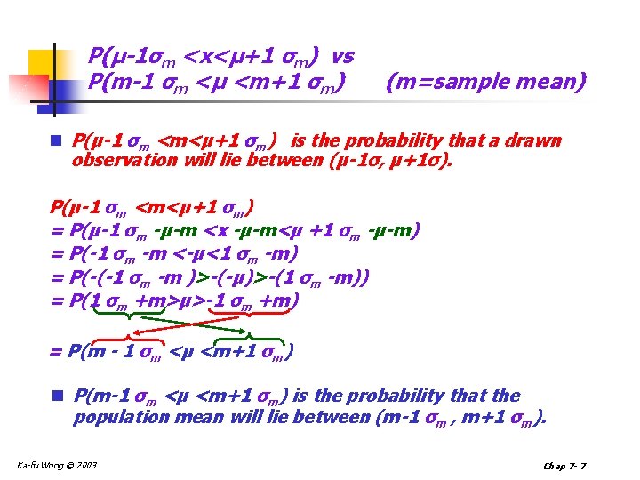 P(µ-1σm <x<µ+1 σm) vs P(m-1 σm <µ <m+1 σm) (m=sample mean) n P(µ-1 σm