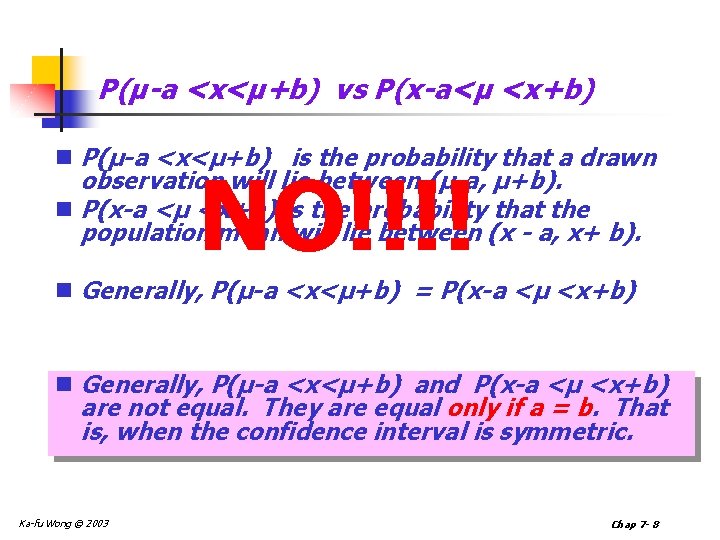 P(µ-a <x<µ+b) vs P(x-a<µ <x+b) n P(µ-a <x<µ+b) is the probability that a drawn