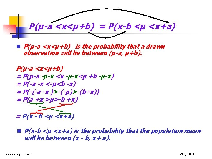 P(µ-a <x<µ+b) = P(x-b <µ <x+a) n P(µ-a <x<µ+b) is the probability that a