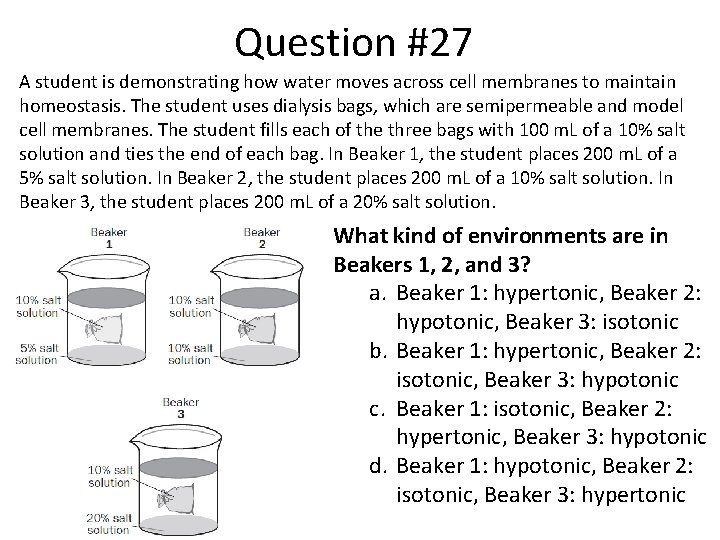 Question #27 A student is demonstrating how water moves across cell membranes to maintain