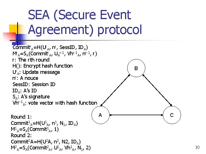 SEA (Secure Event Agreement) protocol Commitr. A=H(Ur. A, nr, Sess. ID, IDA) Mr. A=SA(Commitr.