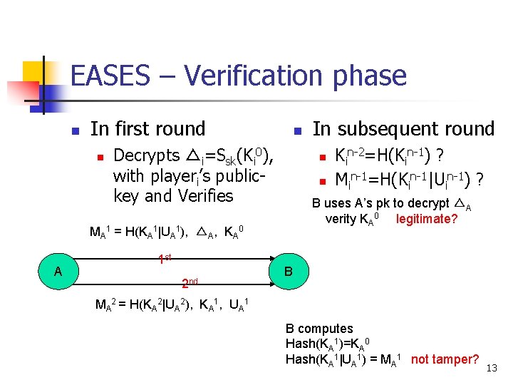 EASES – Verification phase n In first round n n Decrypts △i=Ssk(Ki 0), with