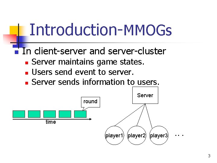 Introduction-MMOGs n In client-server and server-cluster n n n Server maintains game states. Users