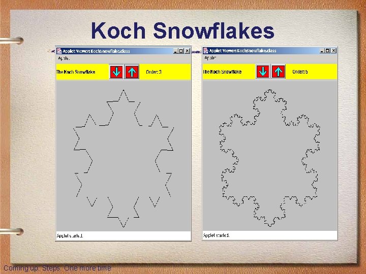 Koch Snowflakes Coming up: Steps: One more time 