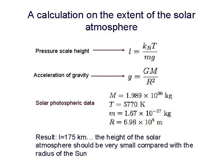 A calculation on the extent of the solar atmosphere Pressure scale height Acceleration of