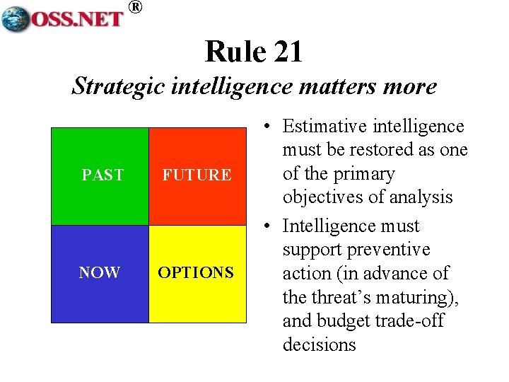 ® Rule 21 Strategic intelligence matters more PAST FUTURE NOW OPTIONS • Estimative intelligence