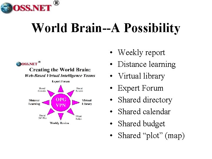 ® World Brain--A Possibility • • Weekly report Distance learning Virtual library Expert Forum