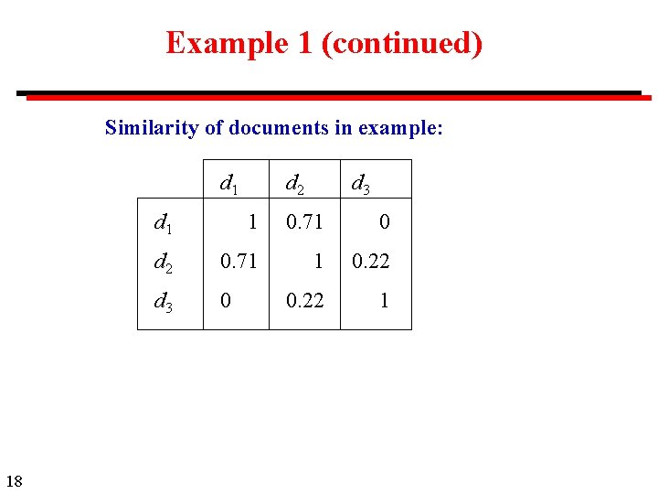 Example 1 (continued) Similarity of documents in example: d 1 18 d 2 d