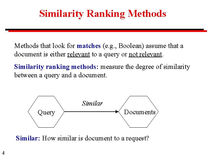Similarity Ranking Methods that look for matches (e. g. , Boolean) assume that a