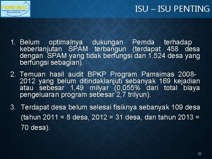 ISU – ISU PENTING 1. Belum optimalnya dukungan Pemda terhadap keberlanjutan SPAM terbangun (terdapat