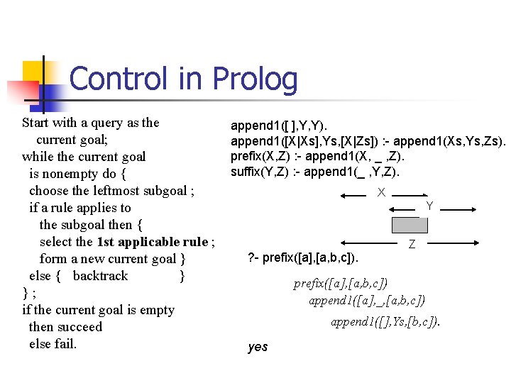 Control in Prolog Start with a query as the current goal; while the current Control in Prolog Start with a query as the current goal; while the current