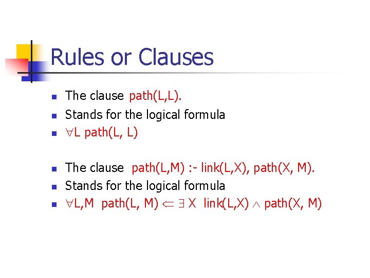 Rules or Clauses n n n The clause path(L, L). Stands for the logical Rules or Clauses n n n The clause path(L, L). Stands for the logical
