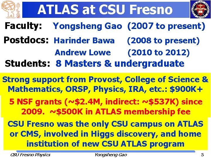 ATLAS at CSU Fresno Faculty: Yongsheng Gao (2007 to present) Postdocs: Harinder Bawa Andrew