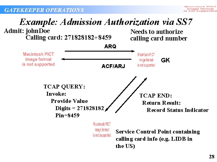GATEKEEPER OPERATIONS Example: Admission Authorization via SS 7 Admit: john. Doe Calling card: 271828182+8459 GATEKEEPER OPERATIONS Example: Admission Authorization via SS 7 Admit: john. Doe Calling card: 271828182+8459