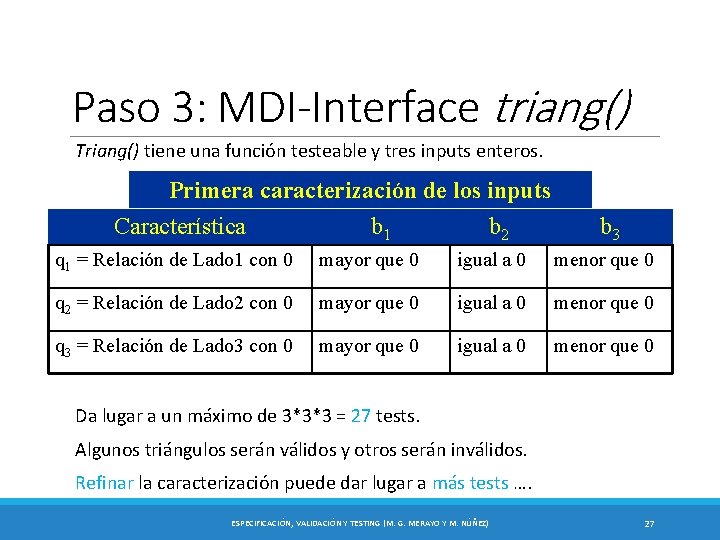 Paso 3: MDI-Interface triang() Triang() tiene una función testeable y tres inputs enteros. Primera