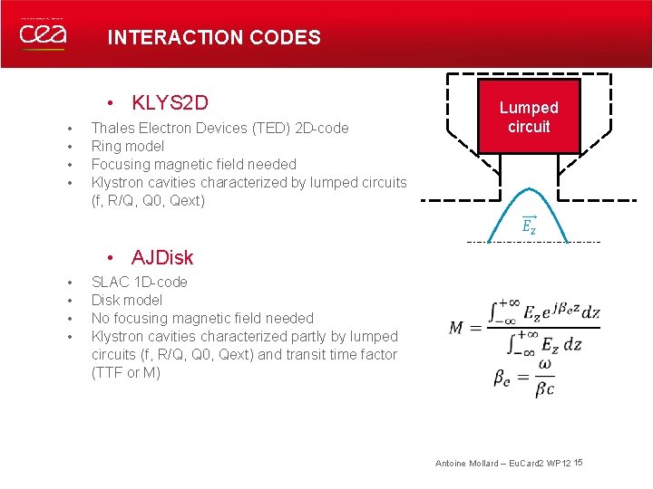 INTERACTION CODES • KLYS 2 D • • Lumped circuit Thales Electron Devices (TED)
