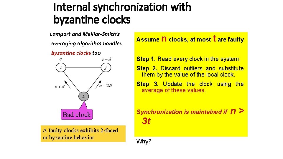 Internal synchronization with byzantine clocks Lamport and Melliar-Smith’s averaging algorithm handles byzantine clocks too