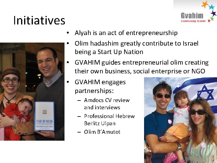 Initiatives • Alyah is an act of entrepreneurship • Olim hadashim greatly contribute to
