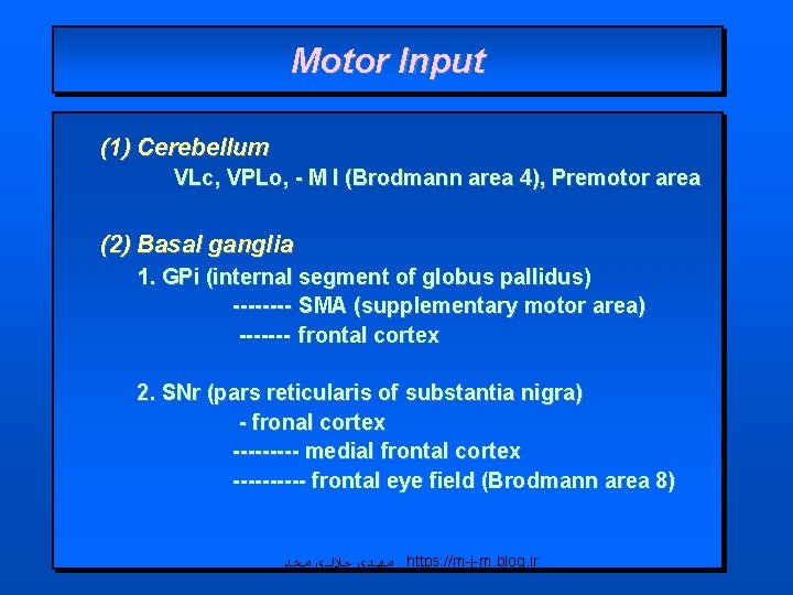 Motor Input (1) Cerebellum VLc, VPLo, - M I (Brodmann area 4), Premotor area