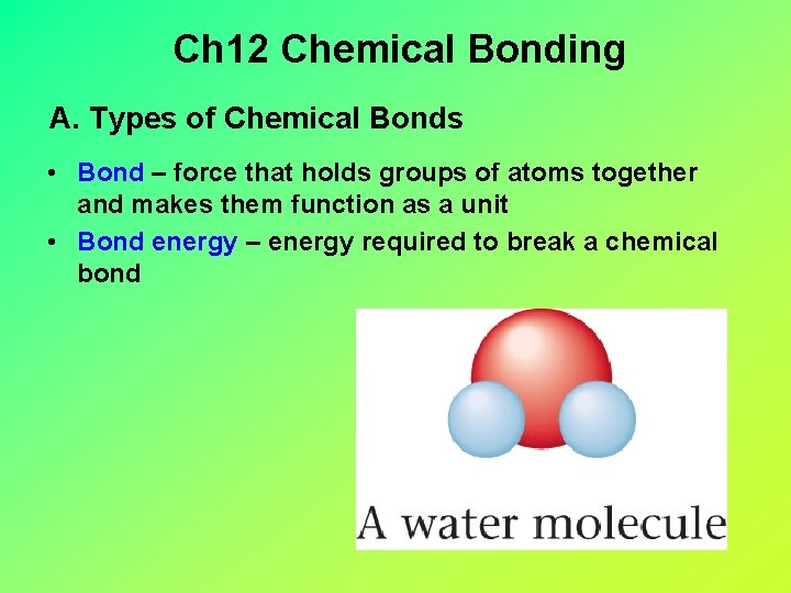 Ch 12 Chemical Bonding A. Types of Chemical Bonds • Bond – force that