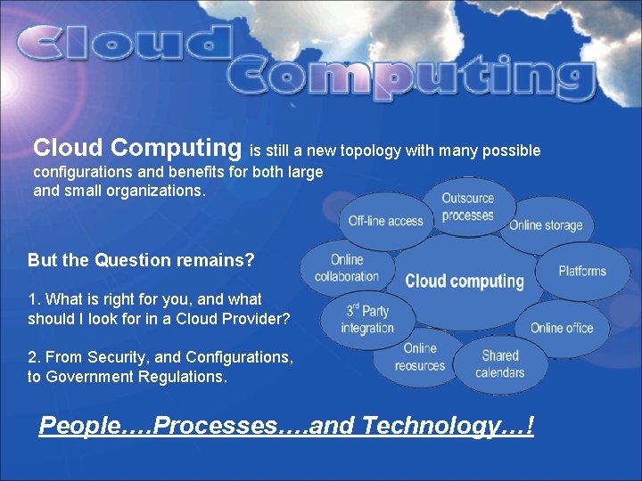 Cloud Computing is still a new topology with many possible configurations and benefits for