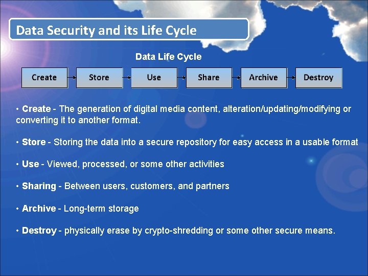 Data Security and its Life Cycle Data Life Cycle • Create - The generation