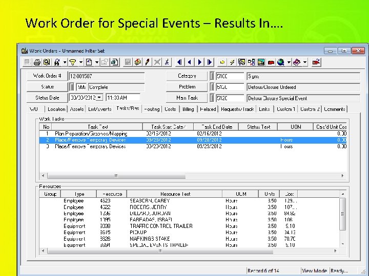 Work Order for Special Events – Results In…. 