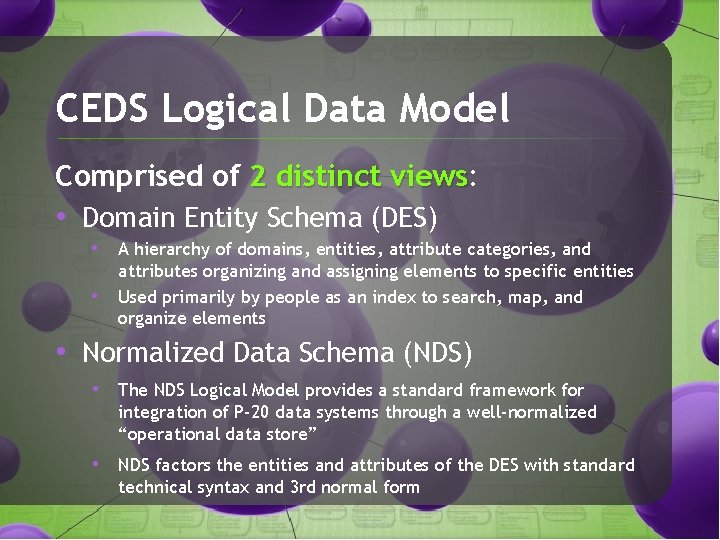 CEDS Logical Data Model Comprised of 2 distinct views: views • Domain Entity Schema