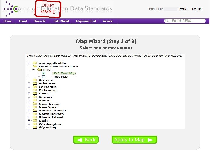 DRAFT SAMPLE Map Wizard (Step 3 of 3) Select one or more states Back