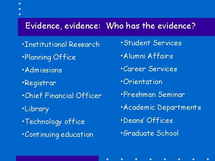 Evidence, evidence: Who has the evidence? • Institutional Research • Student Services • Planning