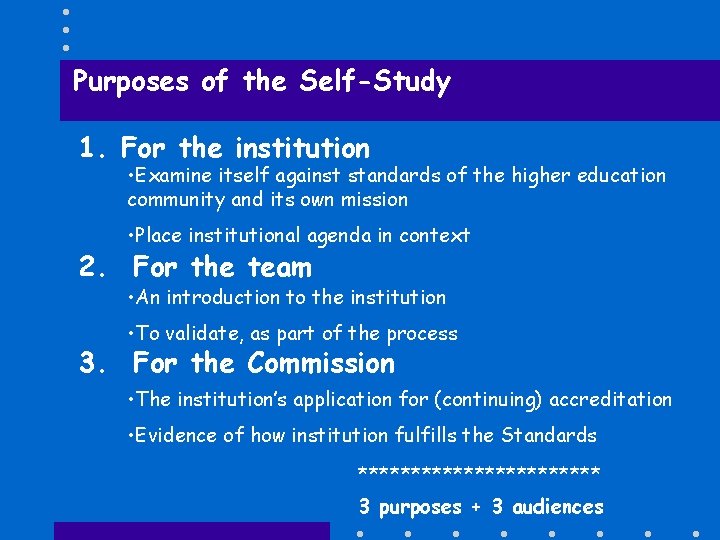 Purposes of the Self-Study 1. For the institution • Examine itself against standards of