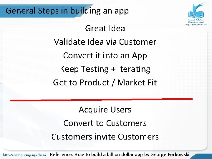 General Steps in building an app Great Idea Validate Idea via Customer Convert it General Steps in building an app Great Idea Validate Idea via Customer Convert it