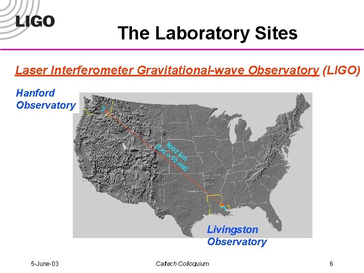 The Laboratory Sites Laser Interferometer Gravitational-wave Observatory (LIGO) Hanford Observatory Livingston Observatory 5 -June-03