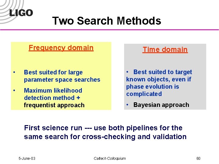 Two Search Methods Frequency domain Time domain • Best suited for large parameter space