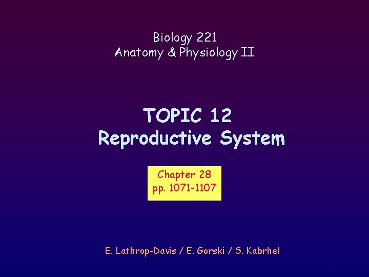 Biology 221 Anatomy & Physiology II TOPIC 12 Reproductive System Chapter 28 pp. 1071