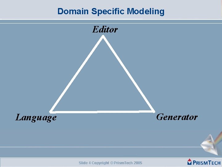 Domain Specific Modeling Editor Generator Language Slide 4 Copyright © Prism. Tech 2005 