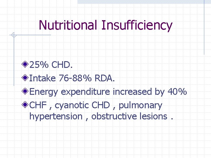 Nutritional Insufficiency 25% CHD. Intake 76 -88% RDA. Energy expenditure increased by 40% CHF