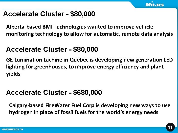 Accelerate Cluster - $80, 000 Alberta-based BMI Technologies wanted to improve vehicle monitoring technology Accelerate Cluster - $80, 000 Alberta-based BMI Technologies wanted to improve vehicle monitoring technology